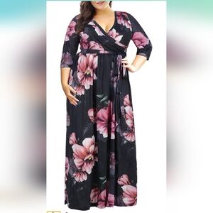 •🆕 Pinup Fashion V-Neck Black Dress, Pink Floral, Pockets, Plus Size 26W, NEW